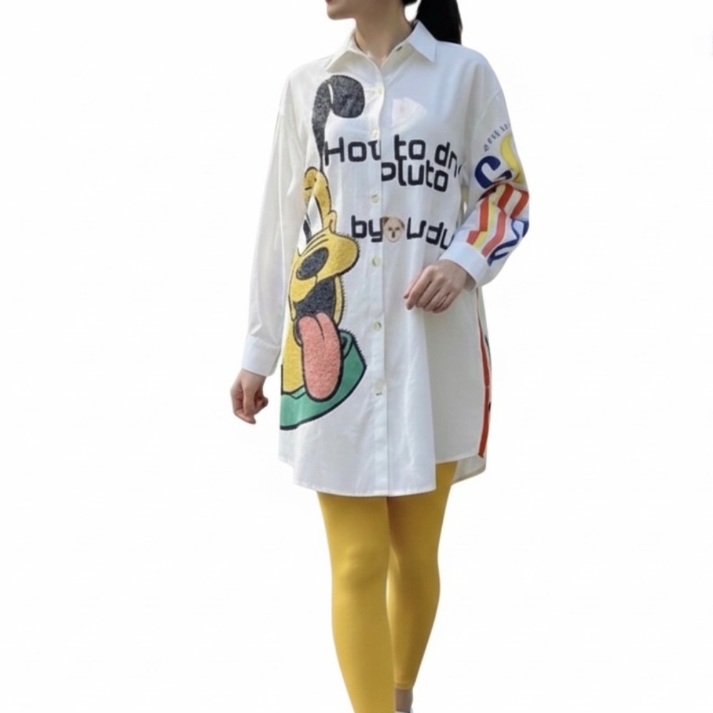 # A223  Nancy  Pluto Cartoon  Print Shirt Dress Disney  White Multi  NWT  S